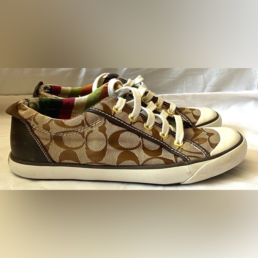 Coach Barrett Brown Signature Jacquard & Leather Lace-Up Sneakers Sz 8.5B - Picture 4 of 7